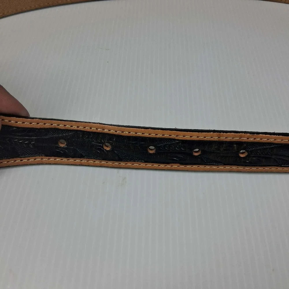 Justin Mens Black Tan Tooled Leather Western‎ Belt Silver Star Buckle 46 C11063